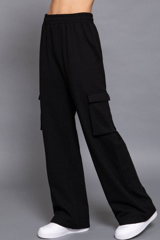 WAIST BAND INNER FLEECE FRENCH TERRY CARGO LONG PANTS: BLK-black L